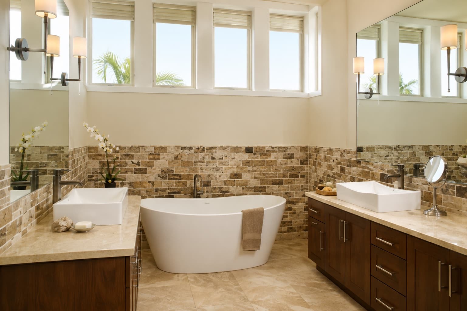 Naturally processed onyx wall tile and LED lighting — Koogler Homes green building