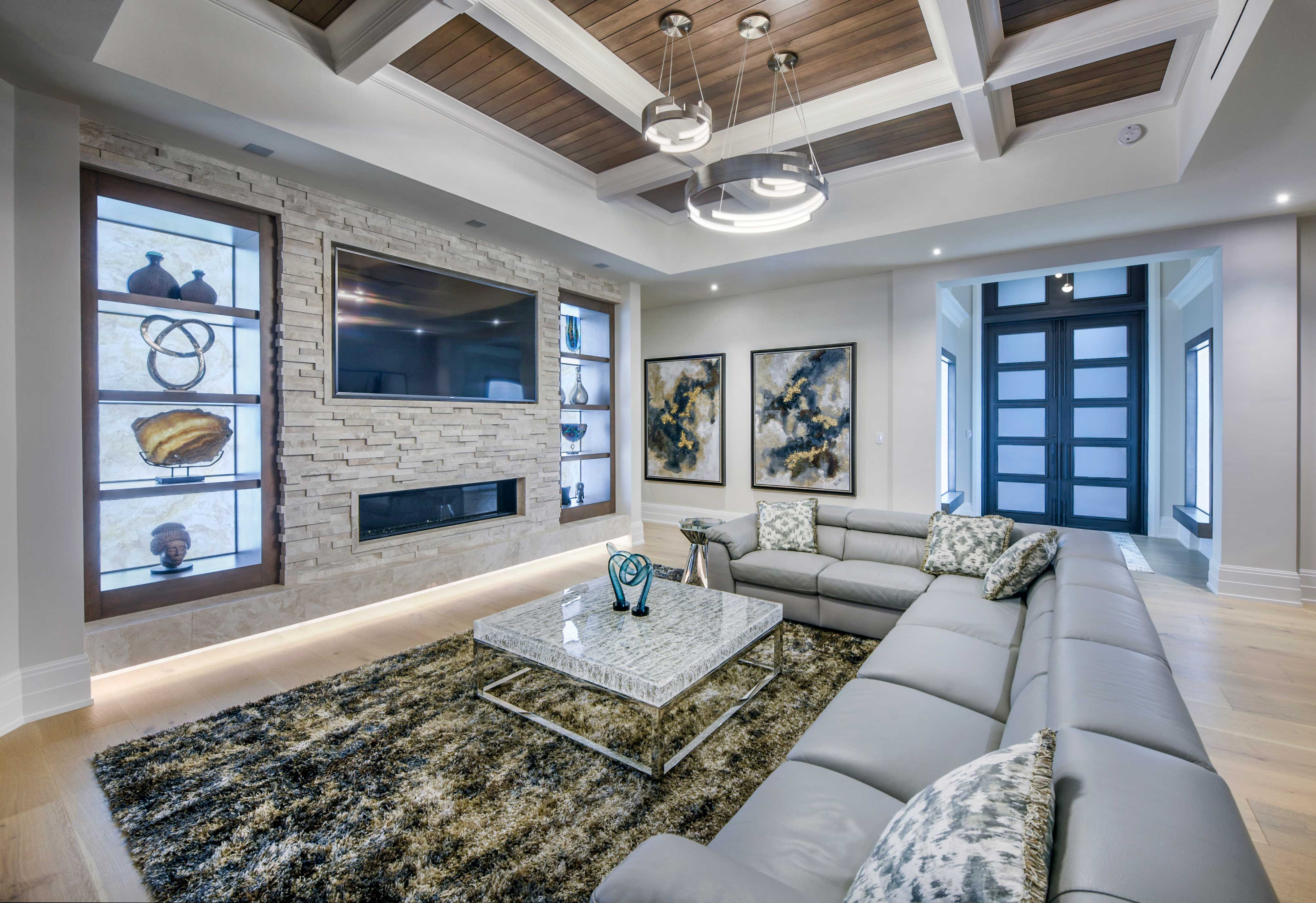 Wood ceiling and built-in display niches in the Modern Jewel by Koogler Homes