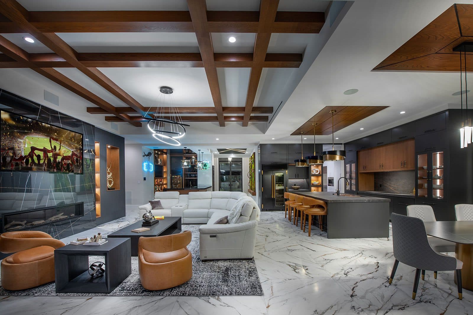 Great room with custom TV wall in a Koogler Homes custom home, Cape Coral, FL